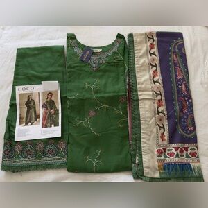 Green Embroidered Salwaar Kameez with shawl in size 24”